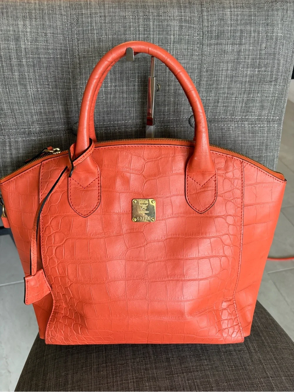 Mcm Orange Croc-Embossed Leather Tote Bag